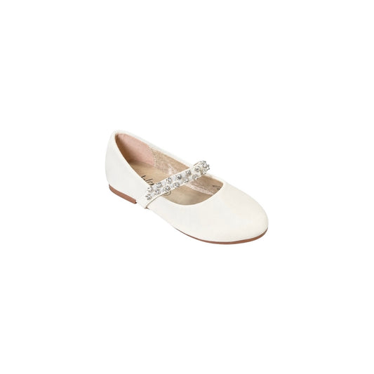 Jolene Off White Satin Ballet Flats with Pearl & Rhinestone Elastic Strap