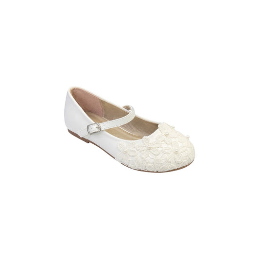 Jolene Girls' Ivory Floral Lace Pearl Dress Flats