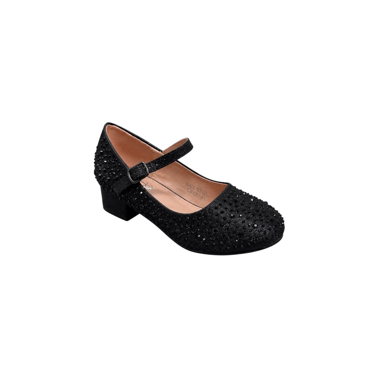 Jolene Girls' Black Crystal Embellished Block Heel Dress Shoes