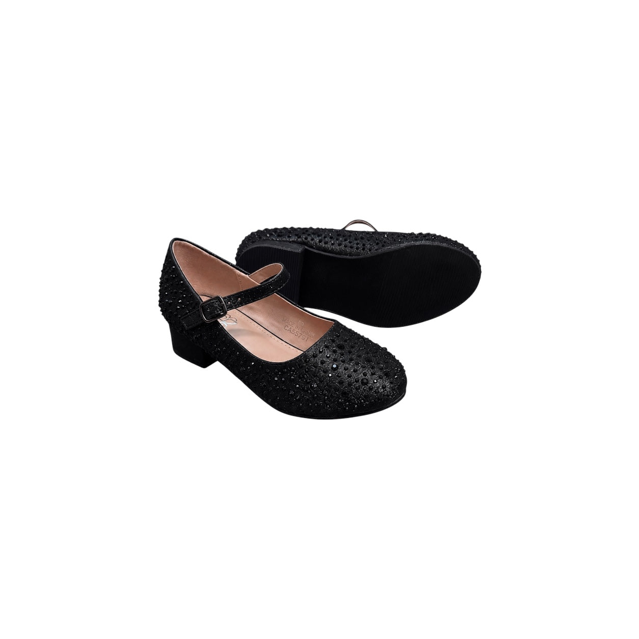 Jolene Girls' Black Crystal Embellished Block Heel Dress Shoes