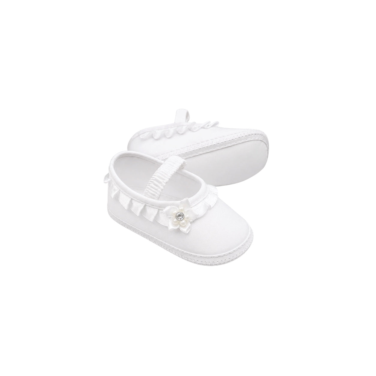 Tip Top White Satin Baby Booties with Ruffle & Floral Detail