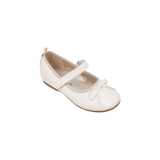 Jolene Girls' Ivory Ballet Flats with Bow & Velcro Strap