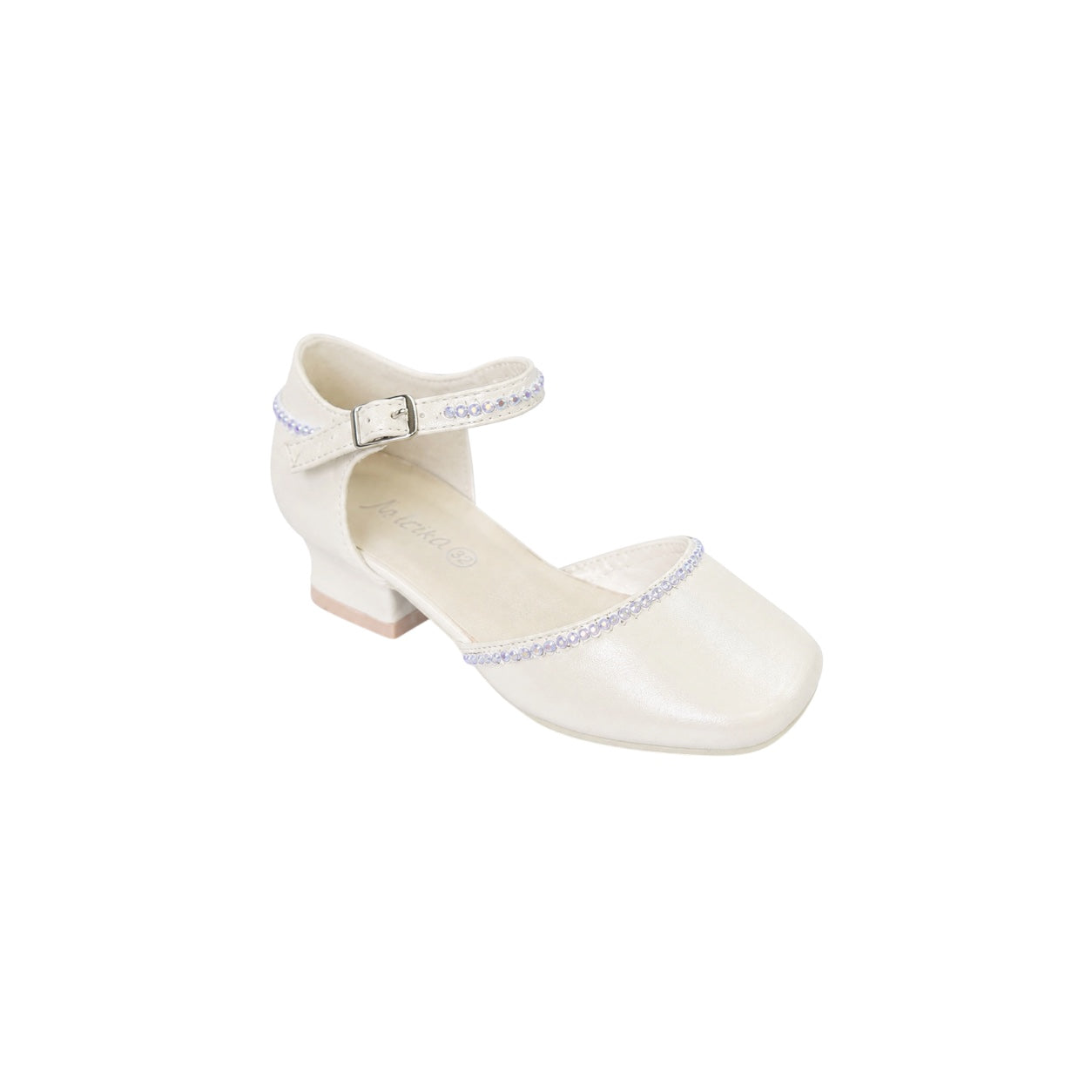 Jolene Ivory Satin Low Heel Dress Shoes with Rhinestone Trim & Ankle Strap