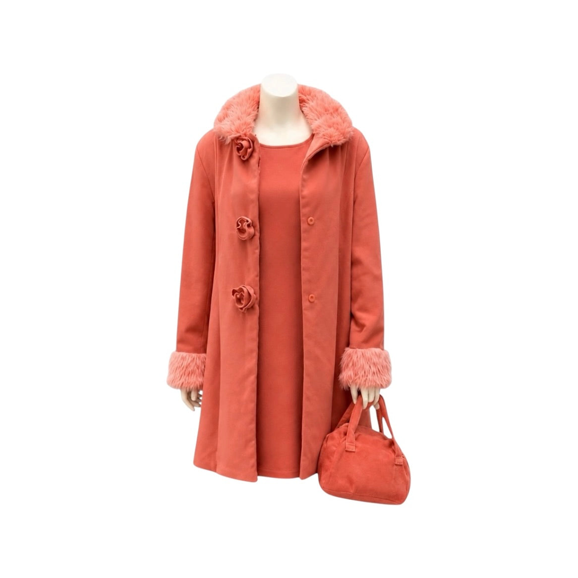Rose Pink Faux Fur Trim Jacket, Dress & Handbag Set