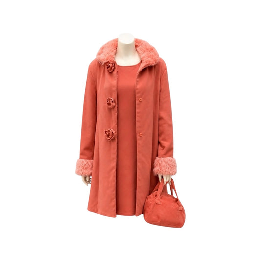 Rose Pink Faux Fur Trim Jacket, Dress & Handbag Set