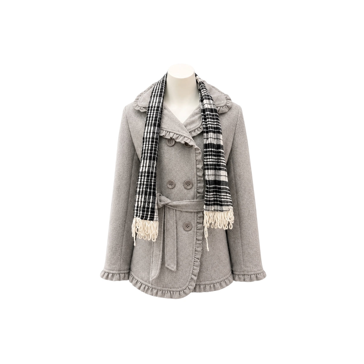 Girls' Grey Ruffle Trim Felt Coat with Plaid Scarf Set