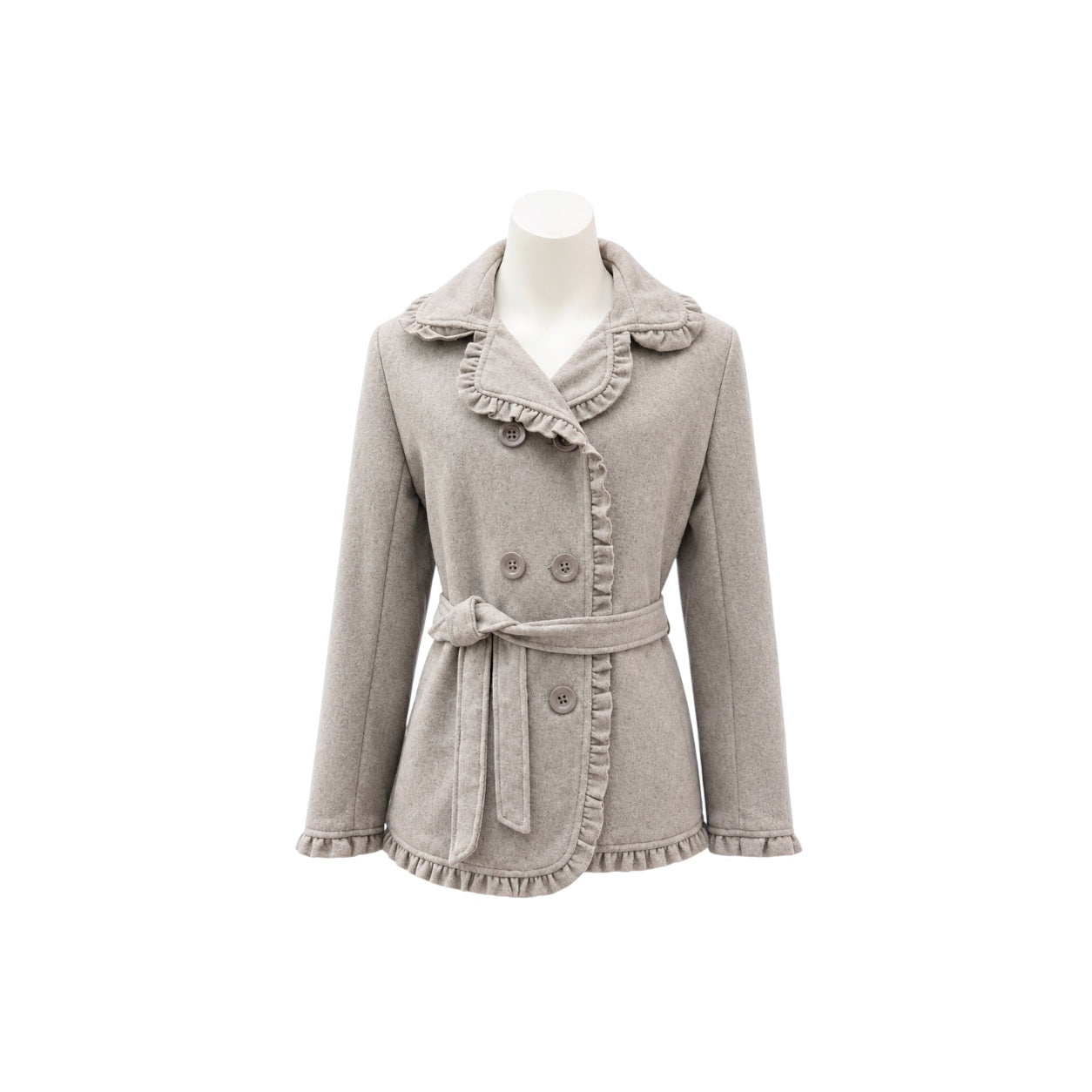 Girls' Grey Ruffle Trim Felt Coat with Plaid Scarf Set