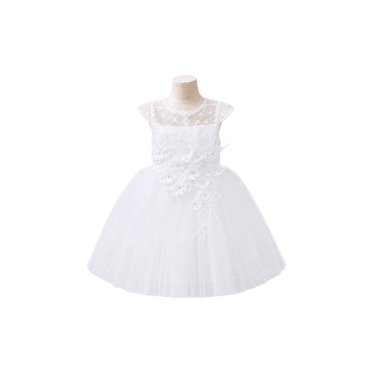 Baby Girl Floral Lace Dress with Pearl Appliqués & Layered Tulle Skirt