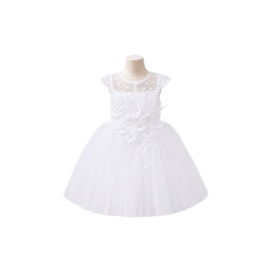 Baby Girl Floral Lace Dress with Pearl Appliqués & Layered Tulle Skirt