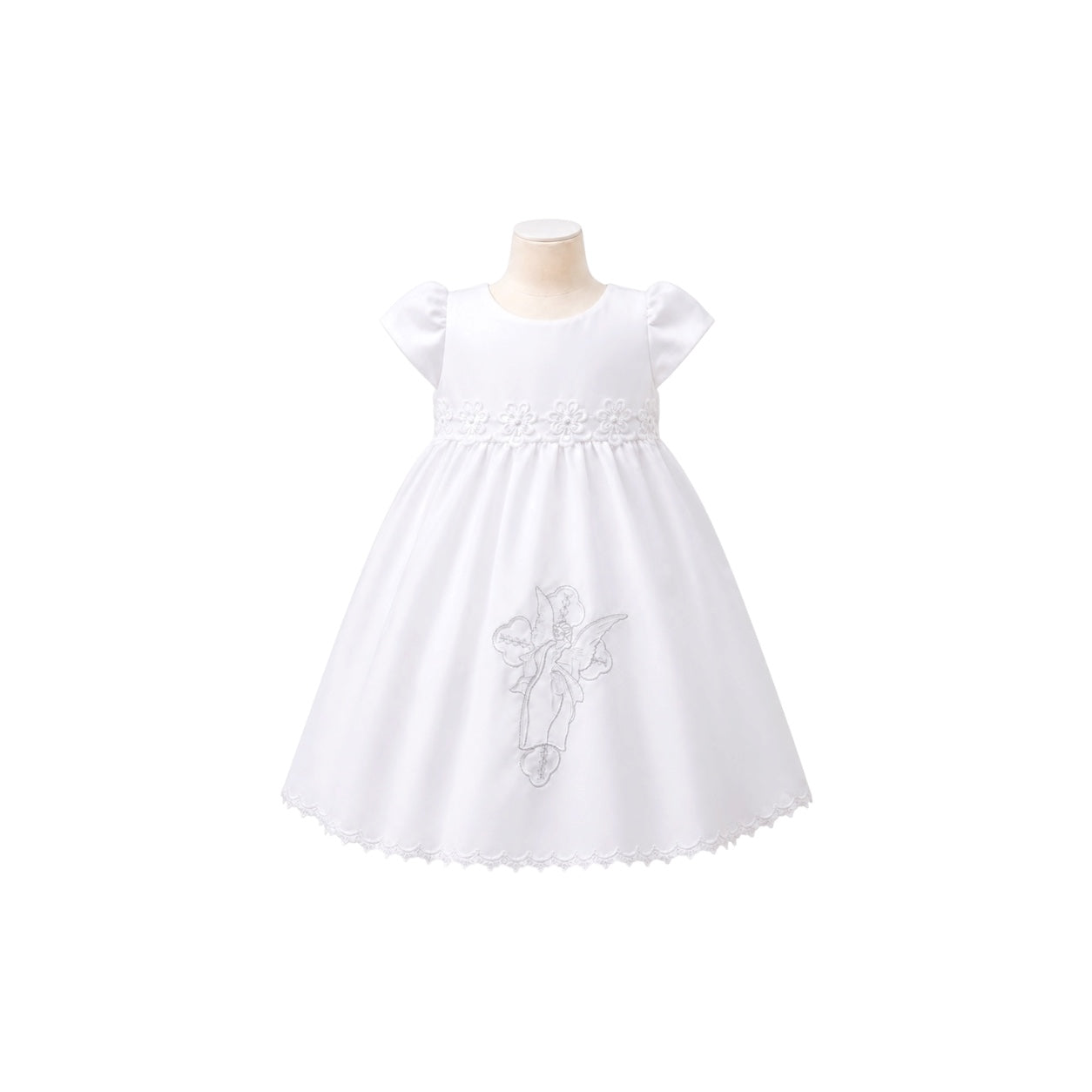 3-Piece Baby Girl White Satin Christening Dress with Embroidered Angel Overlay, Bonnet & Cape (6–9 Months)