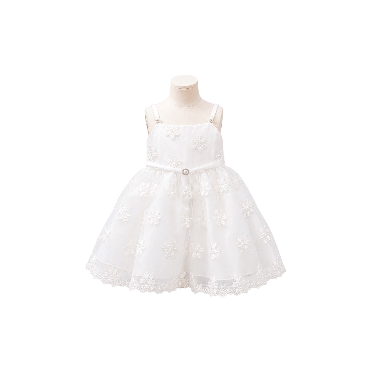 2-Piece White Floral Embroidered Baby Dress with Organza Overlay & Matching Bonnet (18–24 Months)