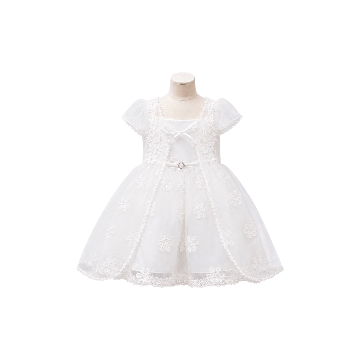 2-Piece White Floral Embroidered Baby Dress with Organza Overlay & Matching Bonnet (18–24 Months)