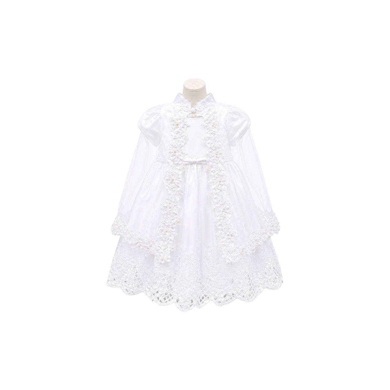White Satin Baby Christening Gown with Embroidered Cape & Matching Bonnet (12 Months)