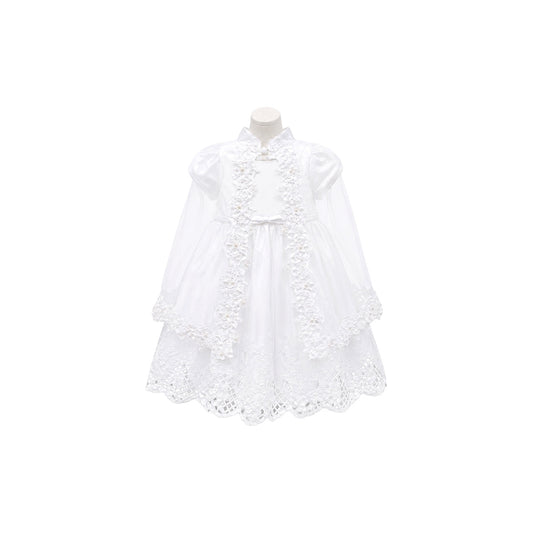 White Satin Baby Christening Gown with Embroidered Cape & Matching Bonnet (12 Months)