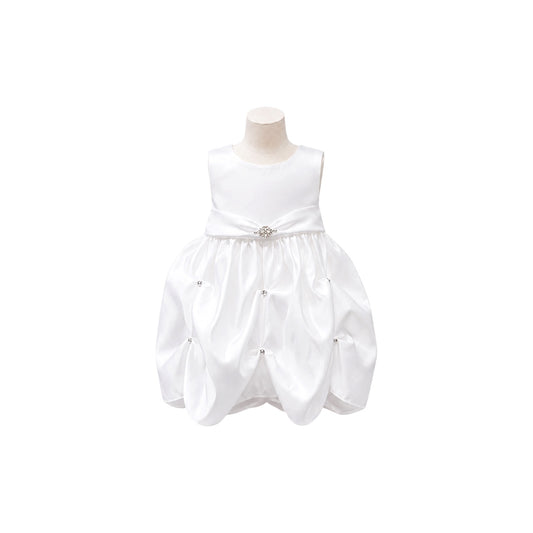 Sleeveless Baby Girl White Satin Bubble Dress with Rhinestone Brooch