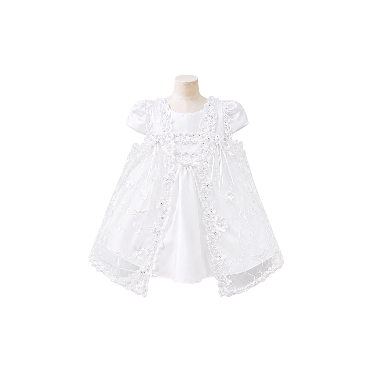 3-Piece White Butterfly Embroidered Baby Dress with Cape & Matching Bonnet