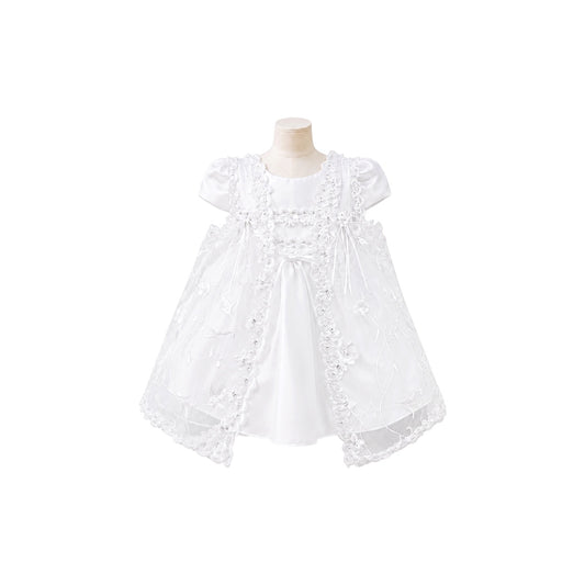 3-Piece White Butterfly Embroidered Baby Dress with Cape & Matching Bonnet