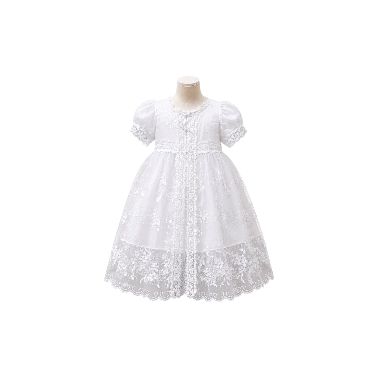 White Satin Baby Baptism Dress with Embroidered Overlay & Matching Bonnet (12 Months)