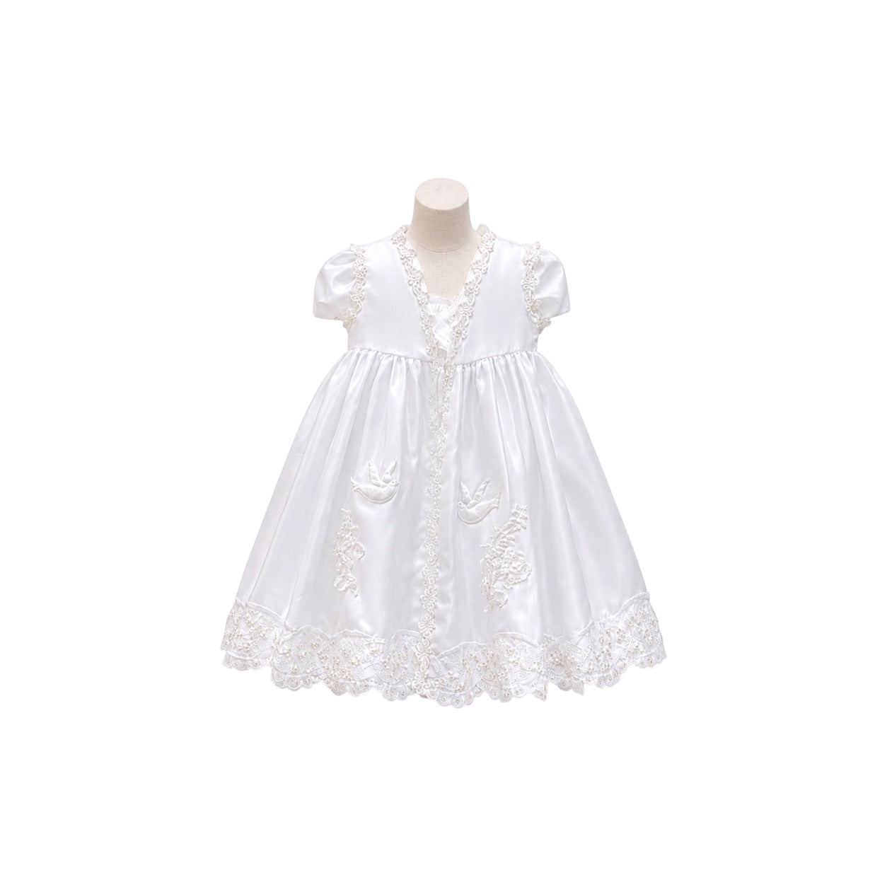 2-Piece Baby Girl White Satin Dress with Embroidered Cape (12–18 Months)