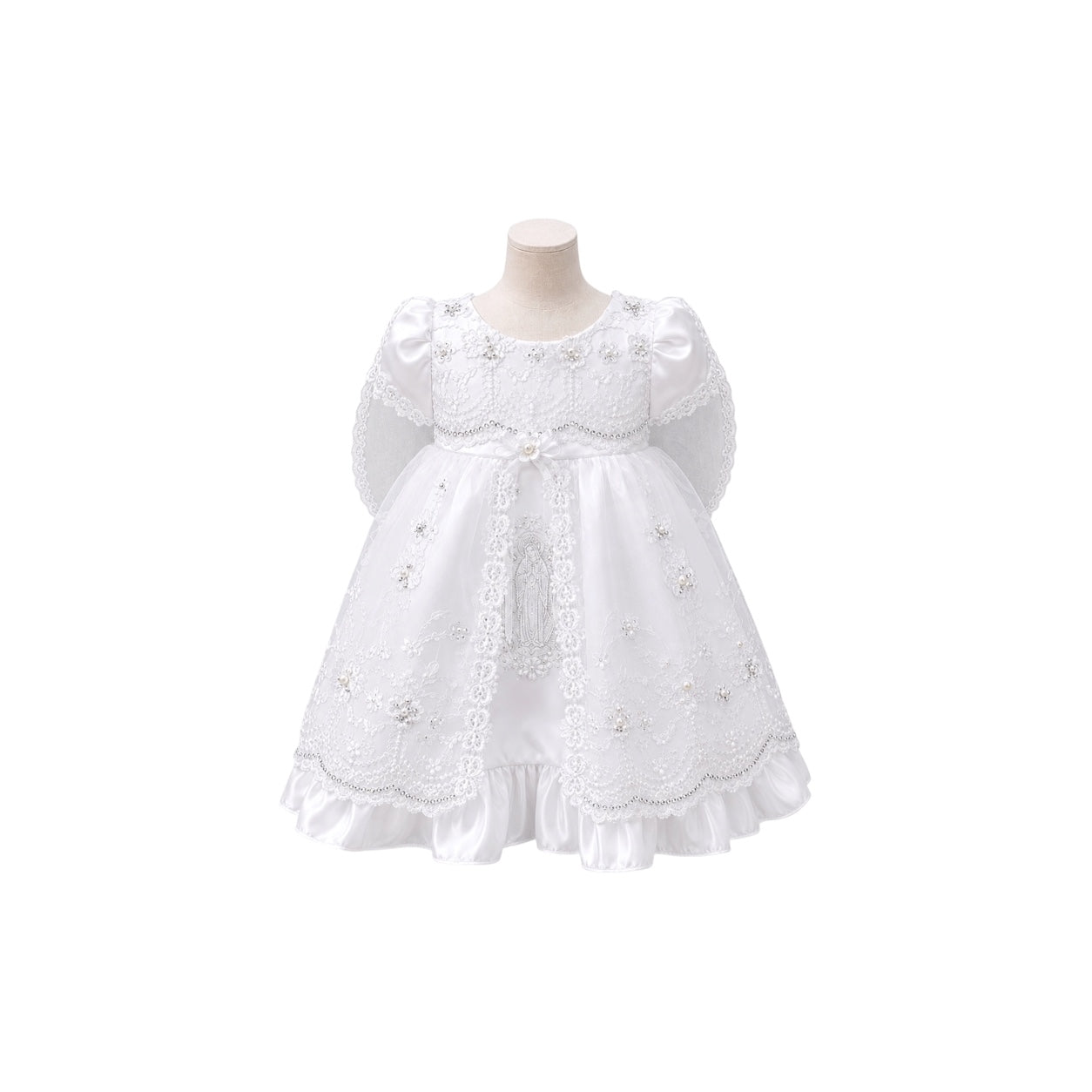 White "Hail Mary" Baby Baptism Gown with Organza Cape & Matching Bonnet