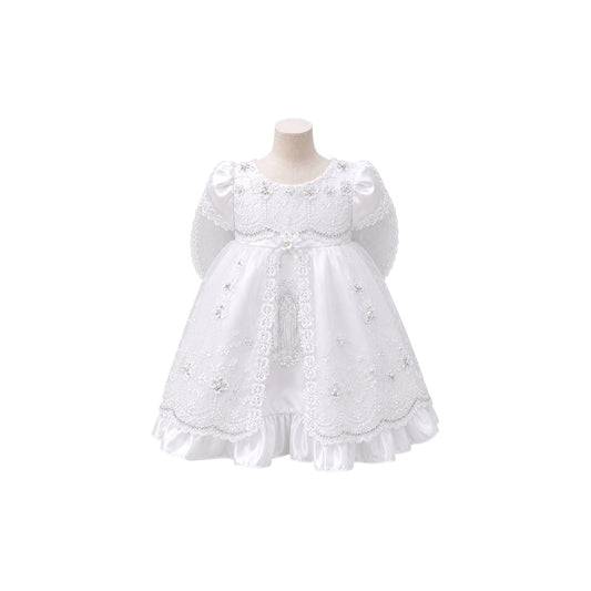 White "Hail Mary" Baby Baptism Gown with Organza Cape & Matching Bonnet