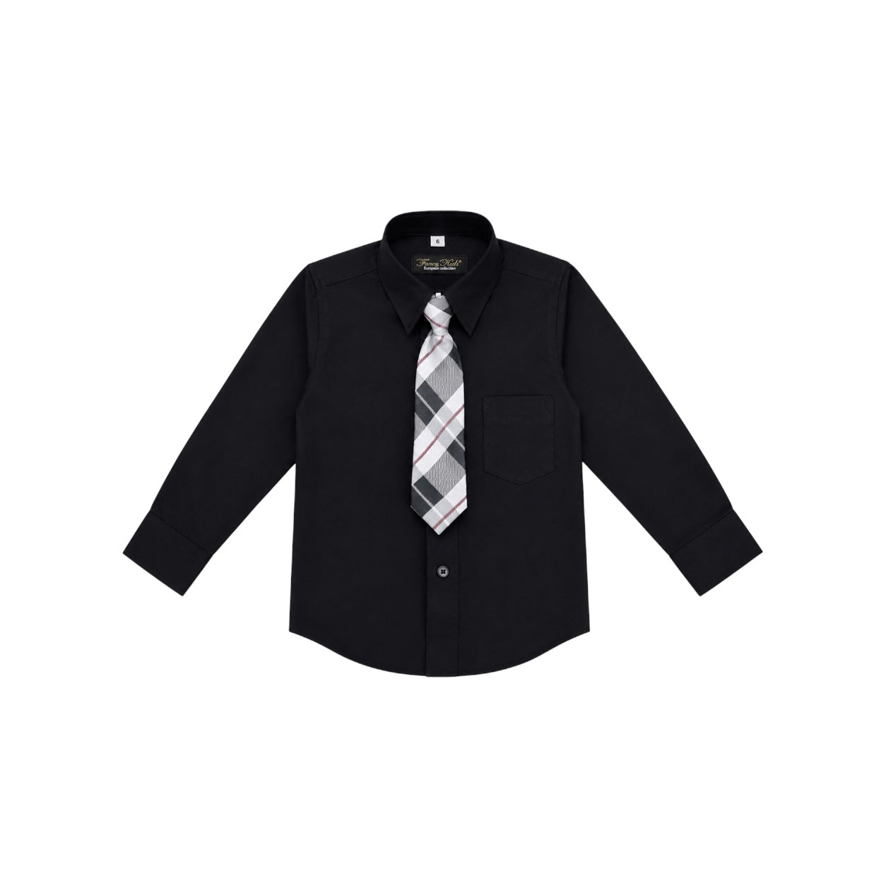 Fancy Kids Black Long Sleeve Dress Shirt & Plaid Tie Set