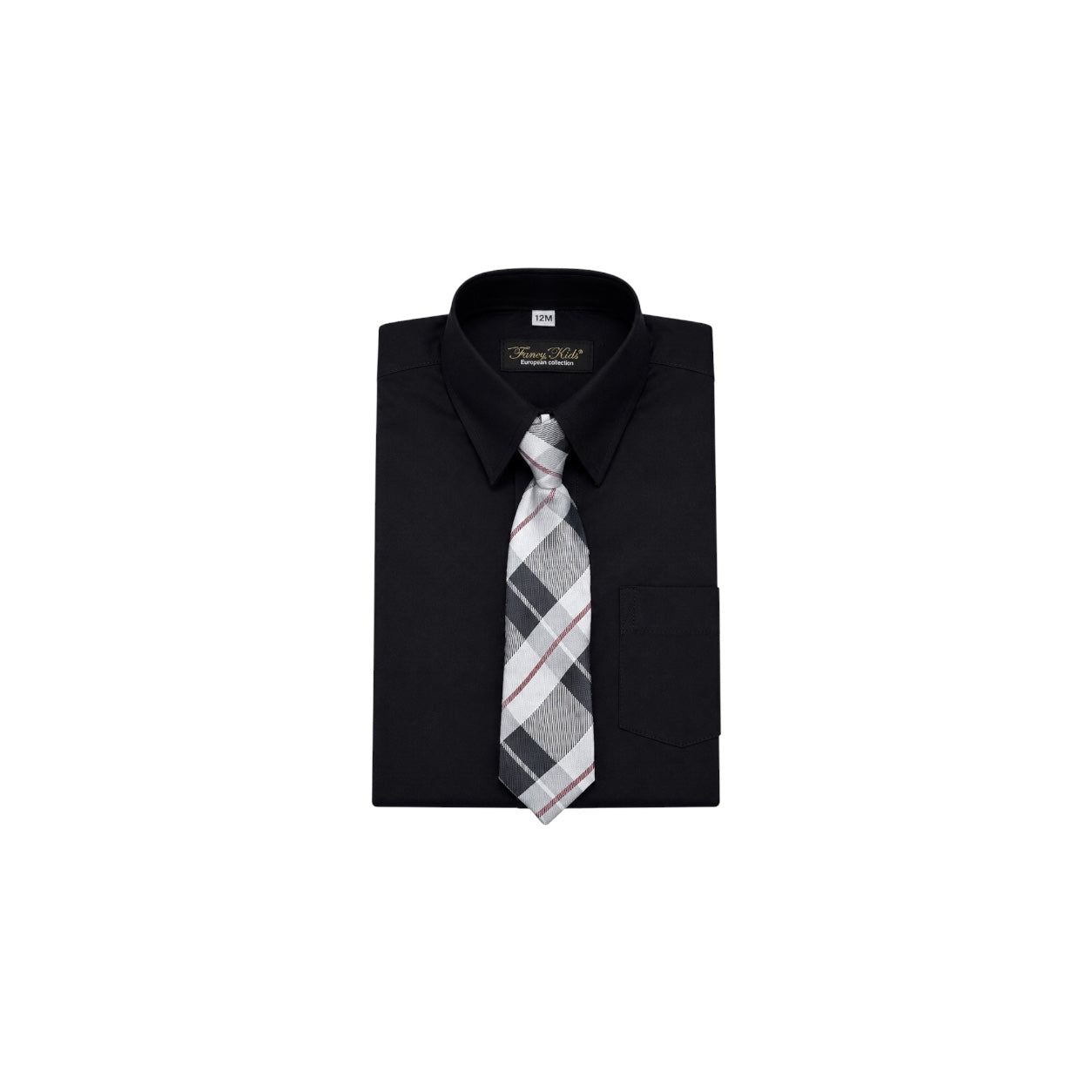 Fancy Kids Black Long Sleeve Dress Shirt & Plaid Tie Set