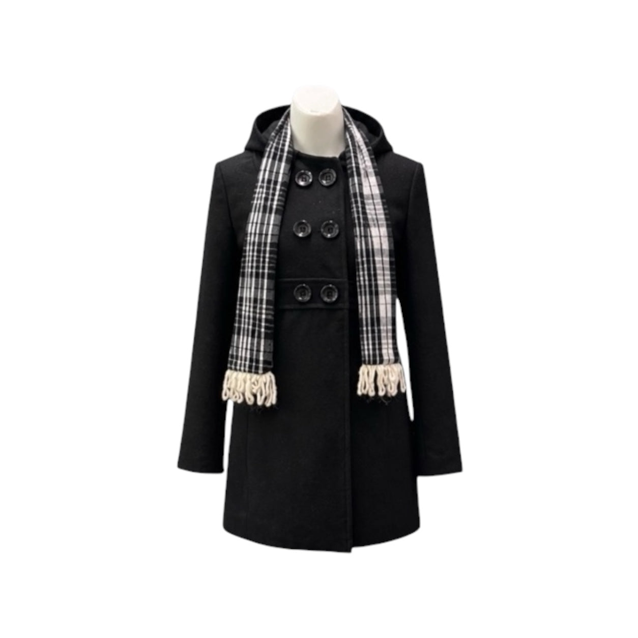 Girls' Black Double-Breasted Felt Coat with Plaid Scarf Set