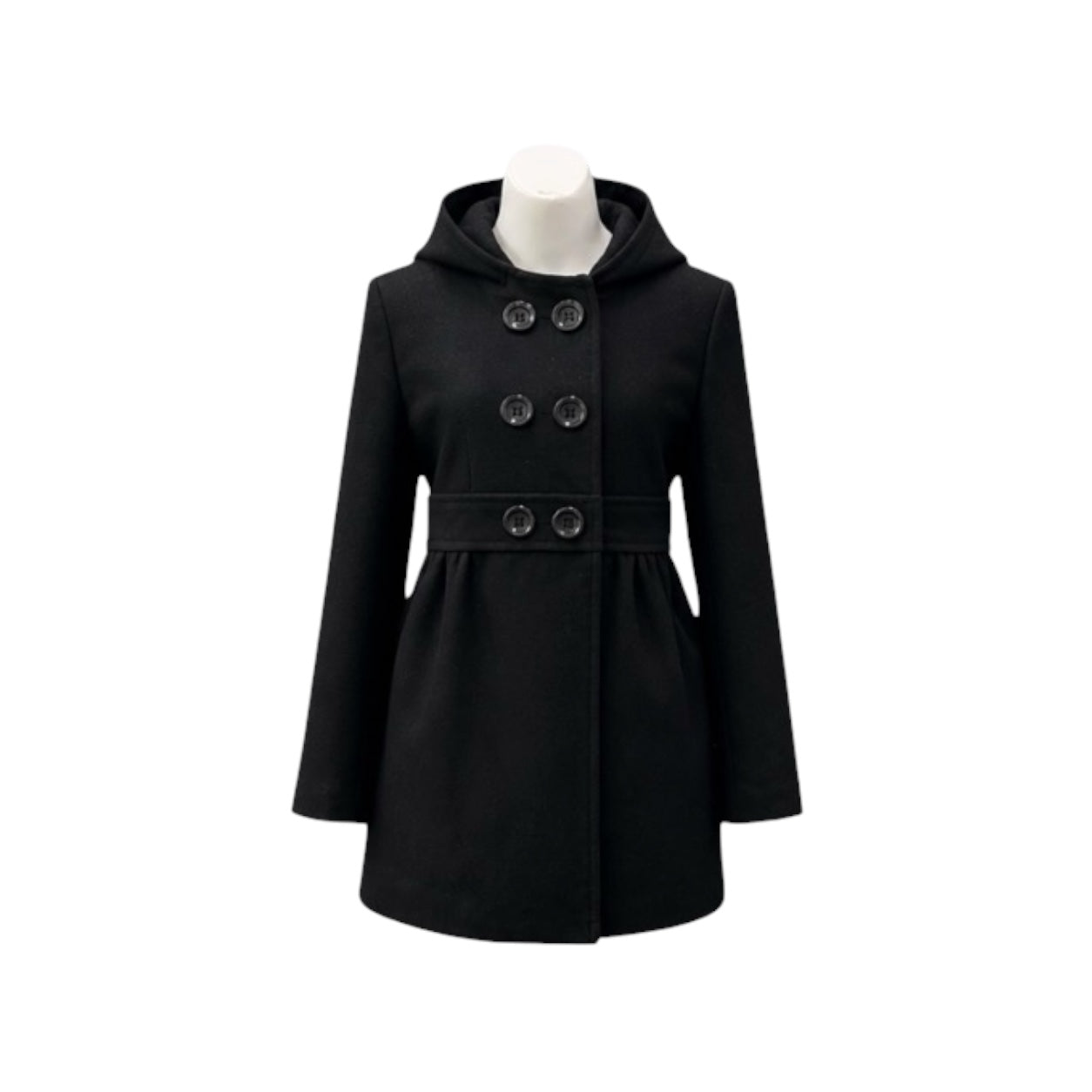 Girls' Black Double-Breasted Felt Coat with Plaid Scarf Set