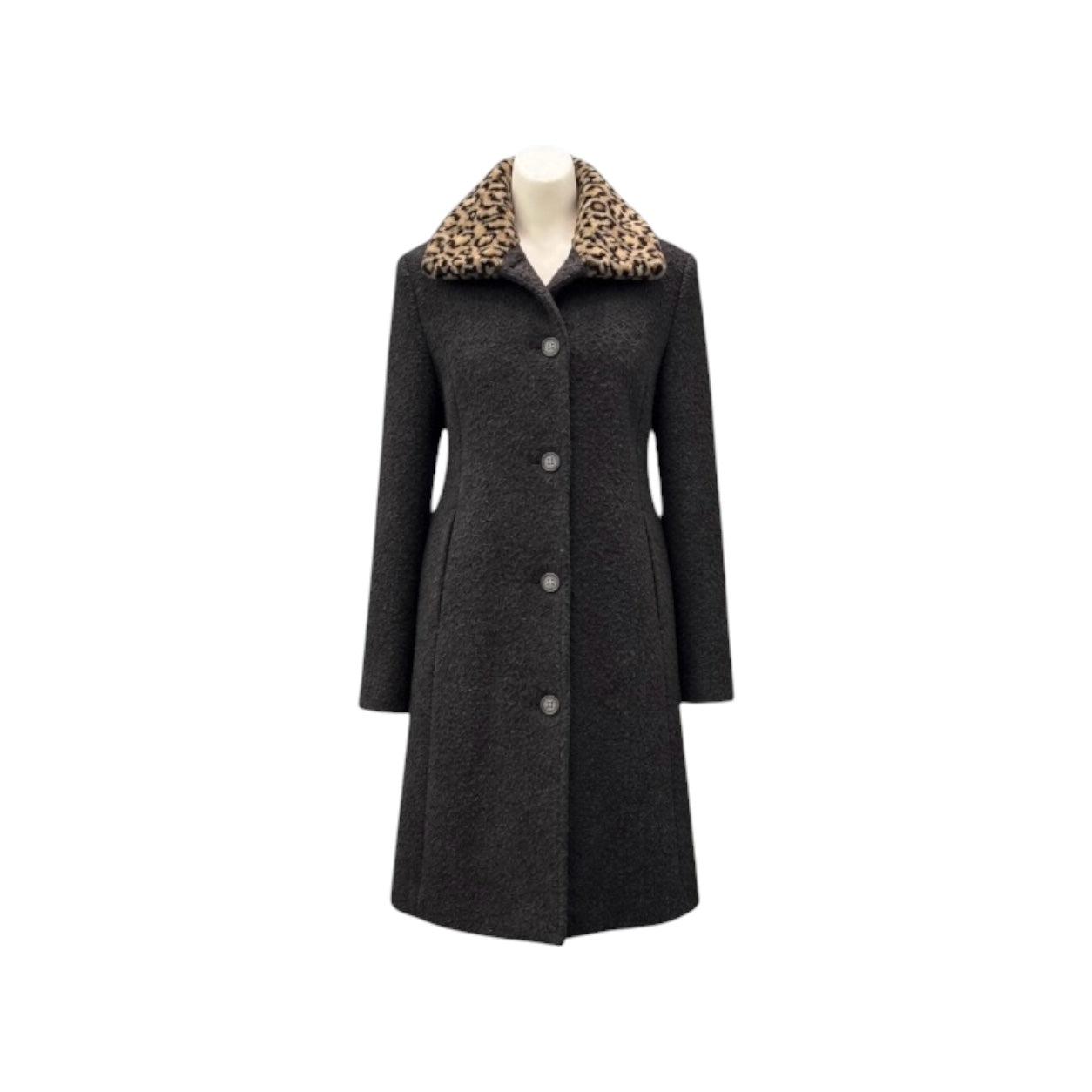 Girls' Charcoal Wool Coat with Leopard Faux Fur Collar