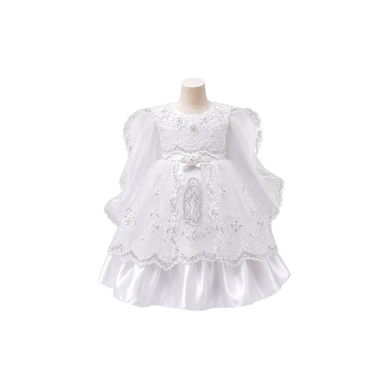 White "Hail Mary" Baby Baptism Gown with Organza Cape & Matching Bonnet (12 Months)