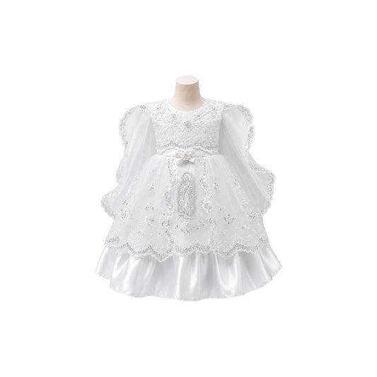 White "Hail Mary" Baby Baptism Gown with Organza Cape & Matching Bonnet (12 Months)