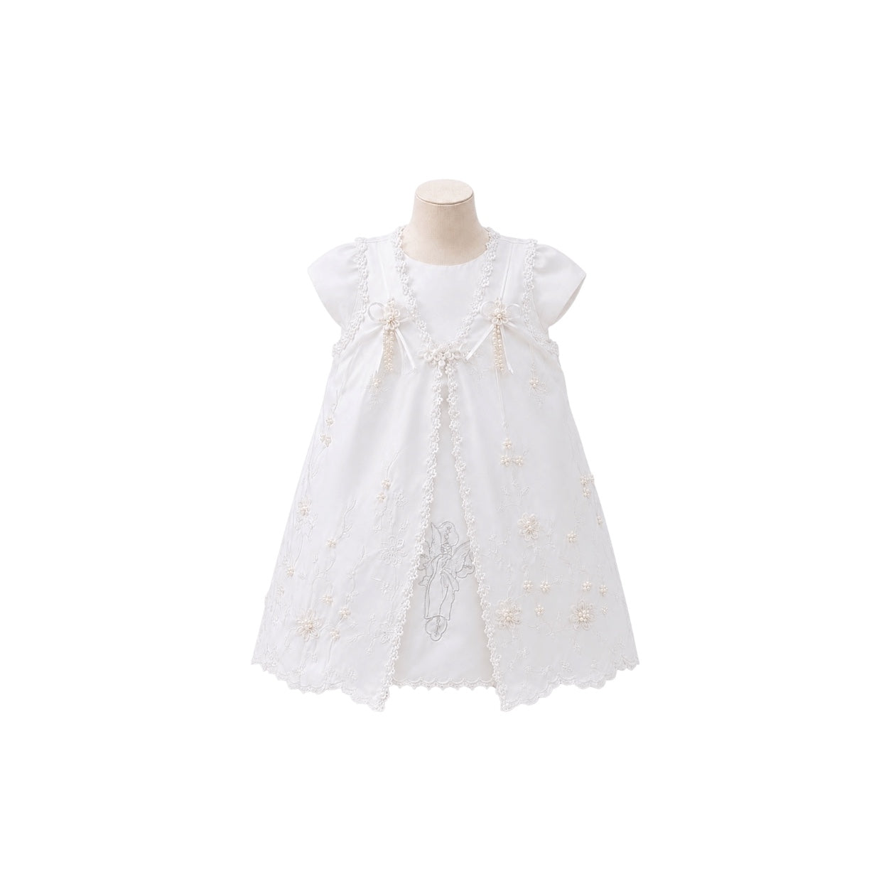 3-Piece Baby Girl White Satin Christening Dress with Embroidered Angel Overlay, Bonnet & Cape (6–9 Months)