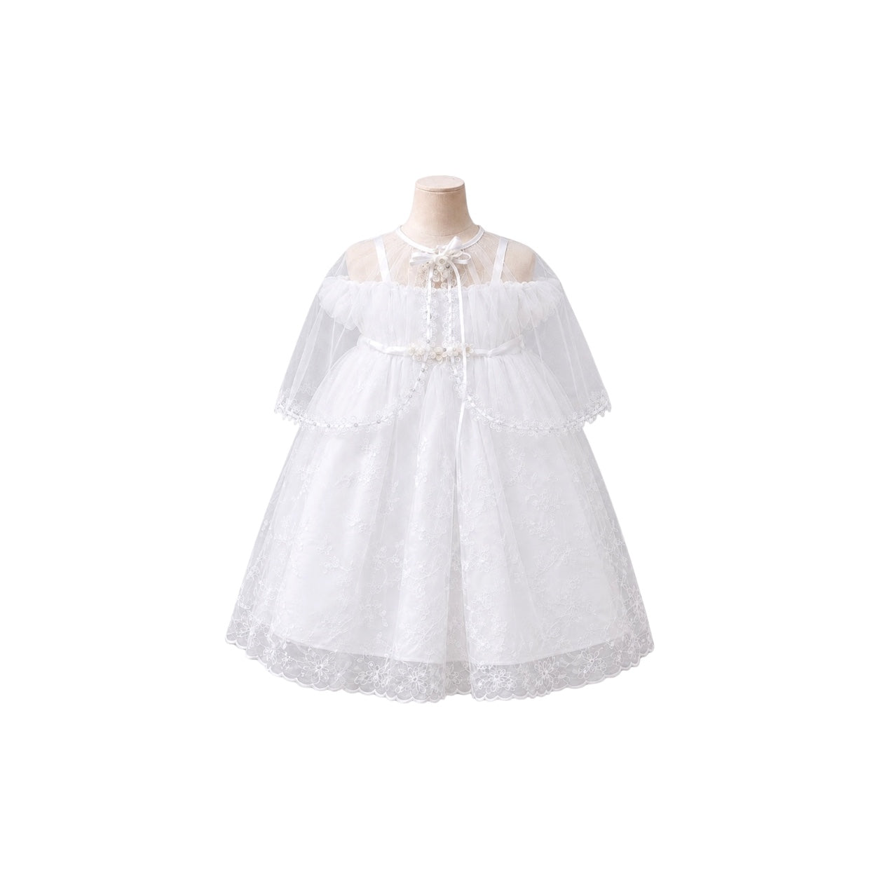 Off-Shoulder Baby Girl White Baptism Gown with Embroidered Organza Cape & Matching Bonnet