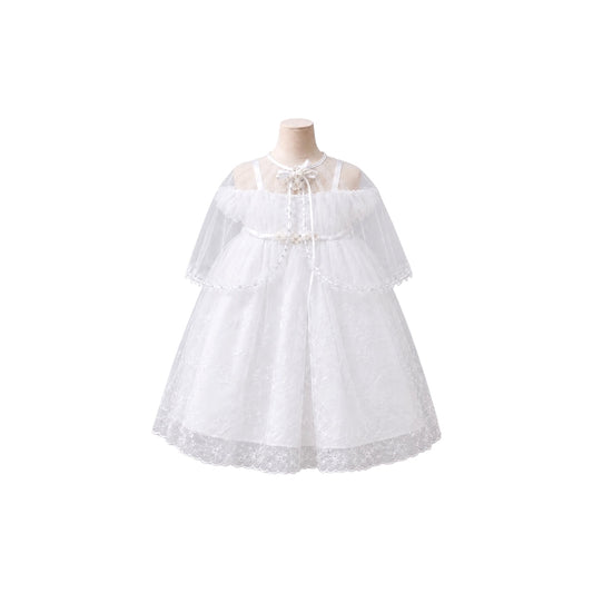 Off-Shoulder Baby Girl White Baptism Gown with Embroidered Organza Cape & Matching Bonnet