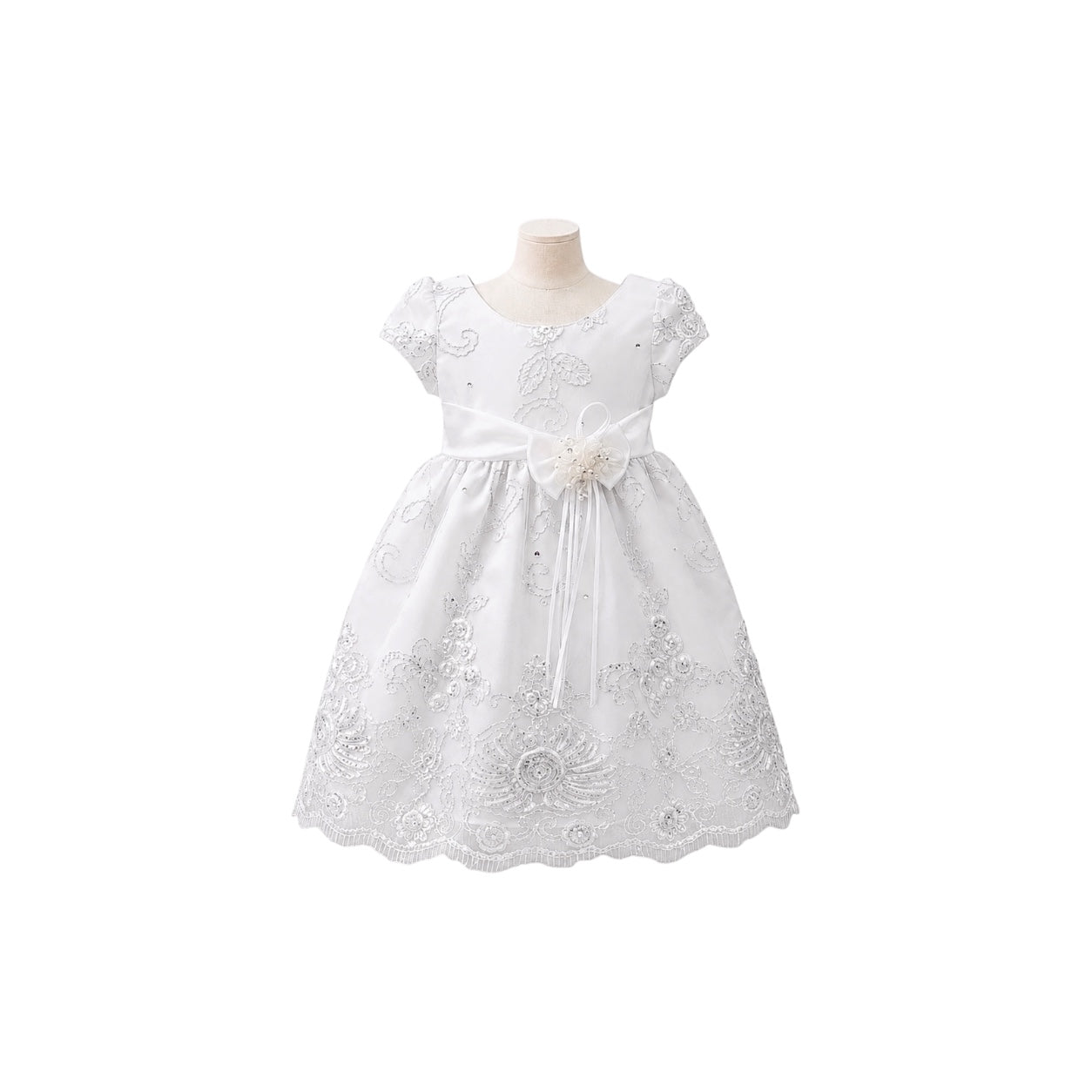 Baby Girl Embroidered Cap Sleeve Dress with Satin Bow Sash