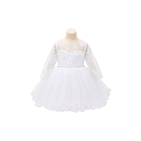 Baby Girl White Lace Dress with Long Lace Sleeves & Layered Tulle Skirt
