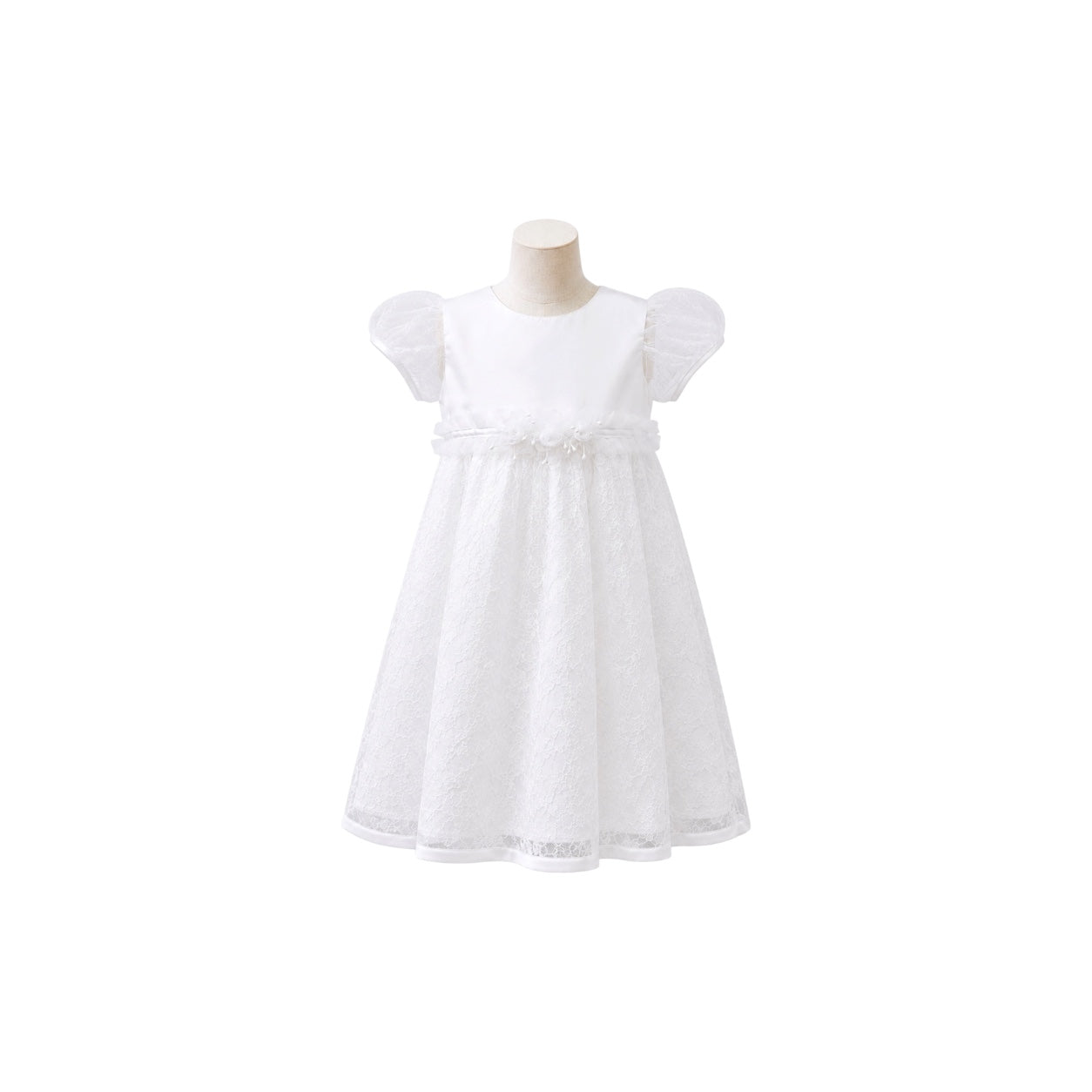 White Lace Baby Christening Dress with Three-Rosette Waist & Matching Bonnet