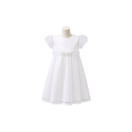 White Lace Baby Christening Dress with Three-Rosette Waist & Matching Bonnet