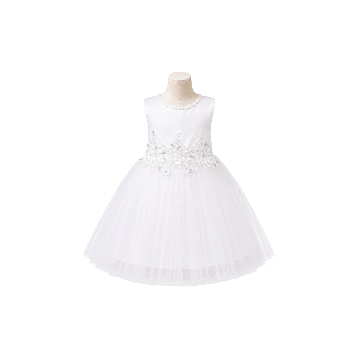 Fancy Kids Baby Girl Pearl Neckline Dress with Floral Appliqué Waist & Layered Tulle Skirt