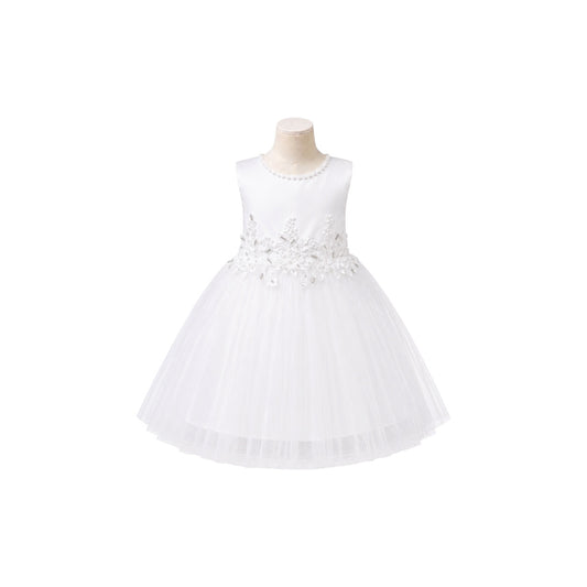 Fancy Kids Baby Girl Pearl Neckline Dress with Floral Appliqué Waist & Layered Tulle Skirt