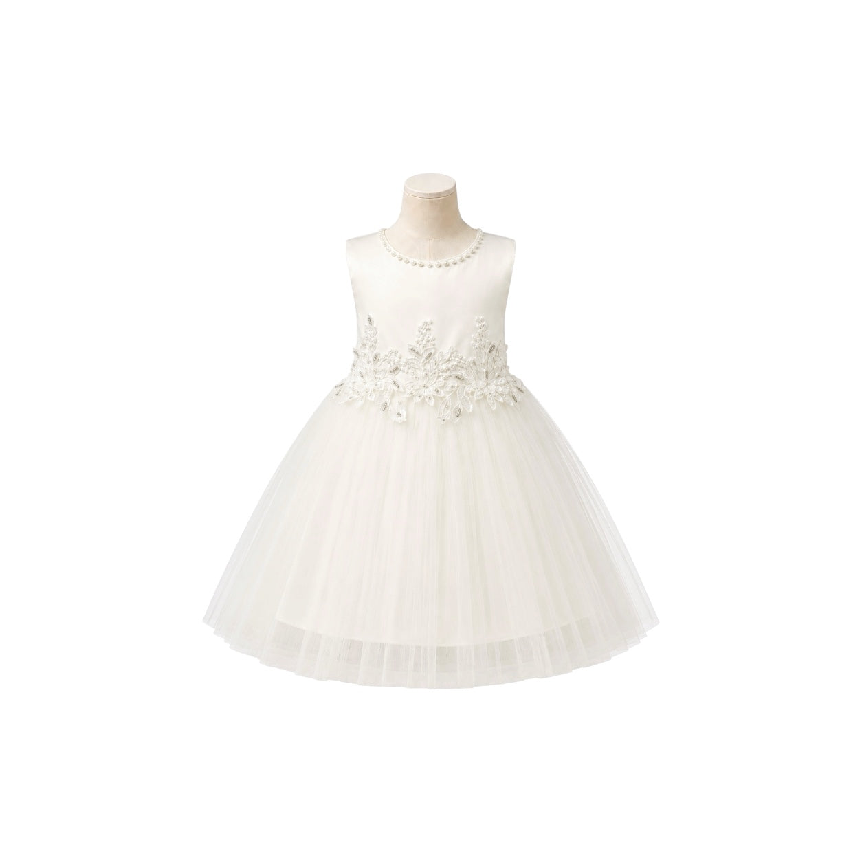 Fancy Kids Baby Girl Pearl Neckline Dress with Floral Appliqué Waist & Layered Tulle Skirt
