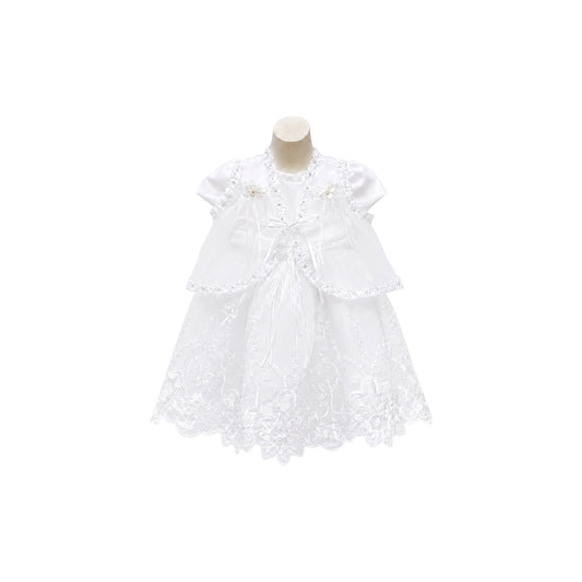 3-Piece Baby Girl White Floral Embroidered Christening Dress with Organza Cape & Matching Bonnet