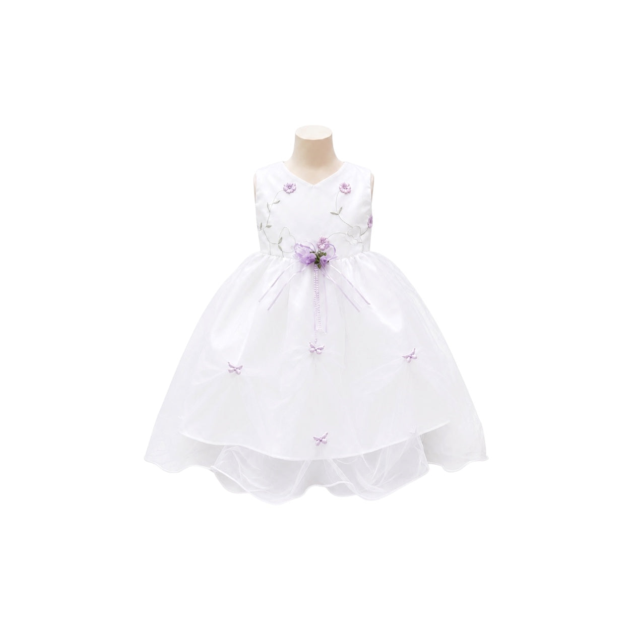 Baby Girl White Dress with Lavender Floral Embroidery & Butterfly Organza Skirt