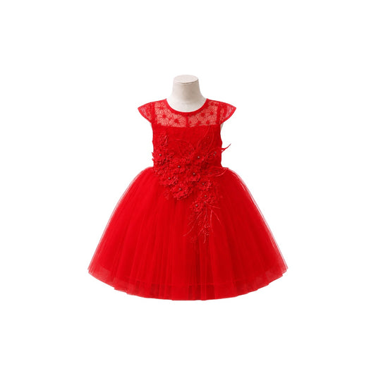 Fancy Kids Baby Girl Red Lace Cap Sleeve Party Dress with 3D Floral Appliqués & Tulle Skirt