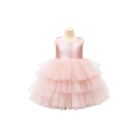 Baby Girl Rose Gold Glitter Tiered Tulle Dress with Rhinestone Waist & Matching Headband