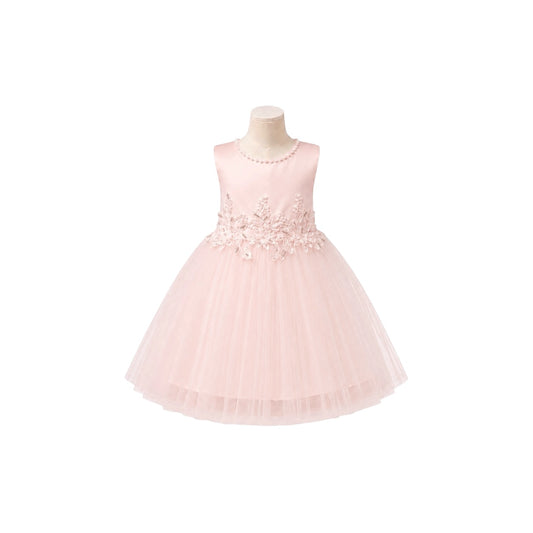Fancy Kids Baby Girl Pearl Neckline Pink Dress with Floral Appliqué Waist & Layered Tulle Skirt