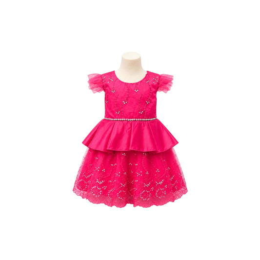 ancy Kids Fuchsia Satin & Embroidered Tulle Baby Dress with Rhinestone Accents