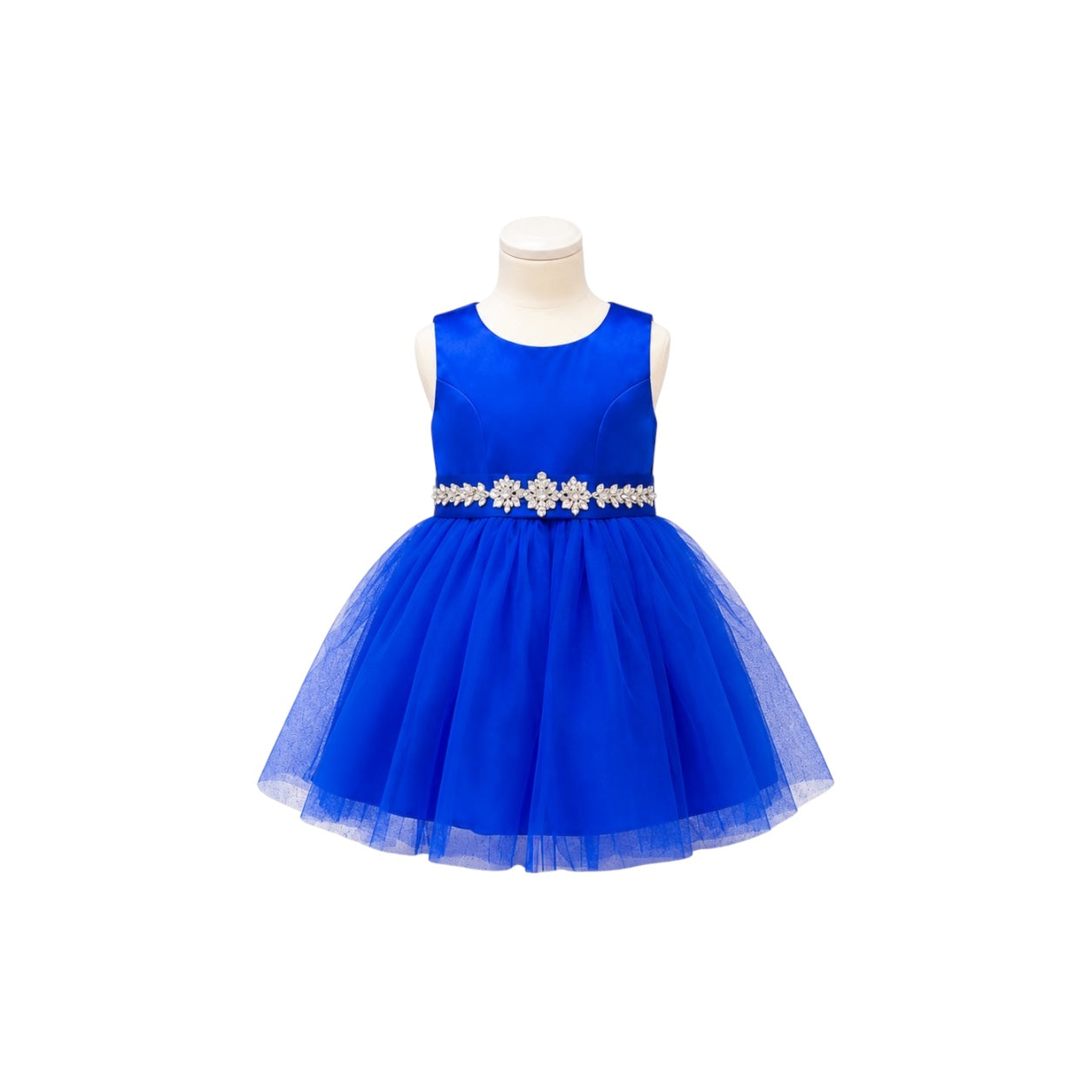 Fancy Kids Royal Blue Satin & Tulle Baby Dress with Rhinestone Waistband