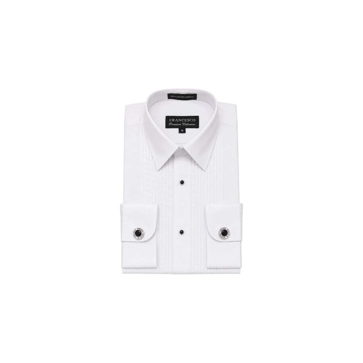 Francesco Premium Collerioni White Tuxedo Pleated Dress Shirt with Decorative Stud Buttons